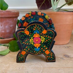 Gorgeous Vintage Colorful Folk Art Floral Lacquered Coaster Set With Holder